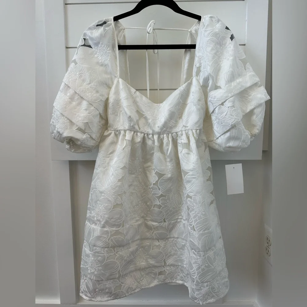For Love & Lemons Evelyn Organza Babydoll White Floral Mini Dress - Picture 3 of 5